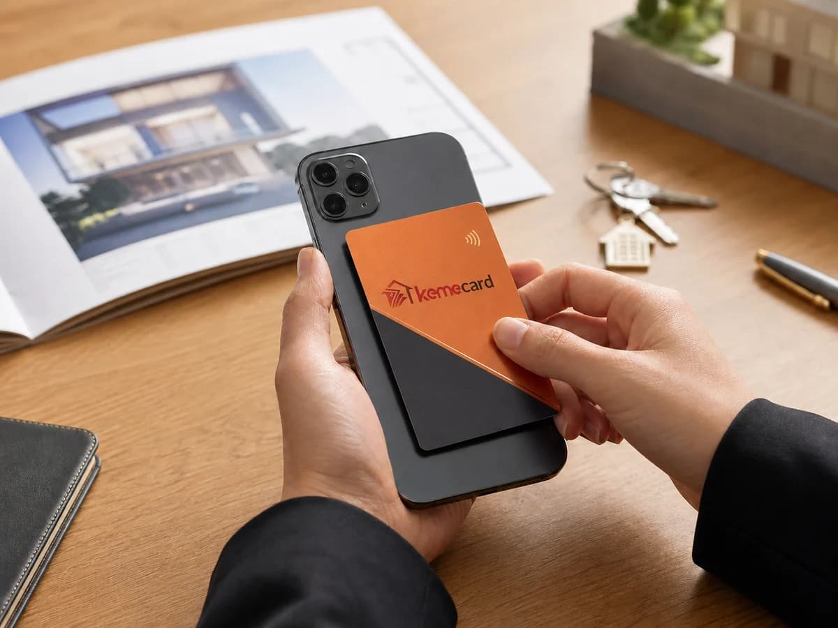 A physical KemeCard NFC card tapping a phone to open a digital profile